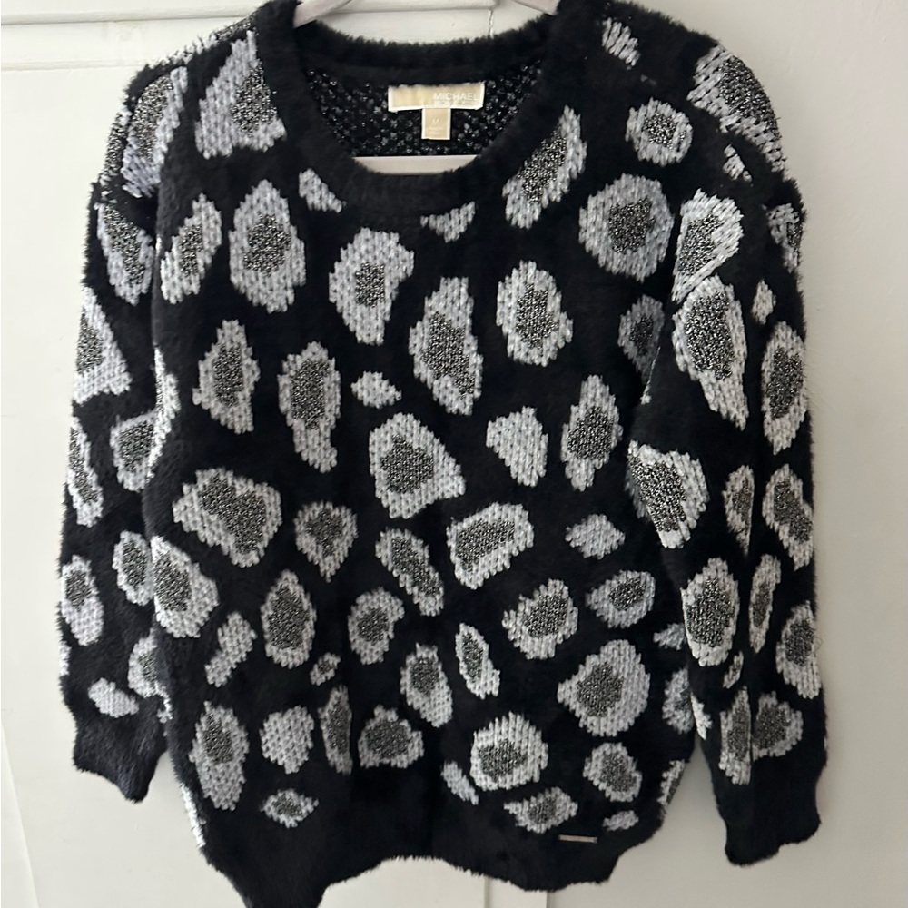 Michael Kors black & silver leopard fuzzy sweater sz M